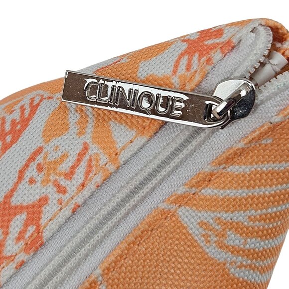 Clinique Makeup Cosmetic Pouch Floral Orange White Canvas Silver Zipper Pull - Picture 3 of 7